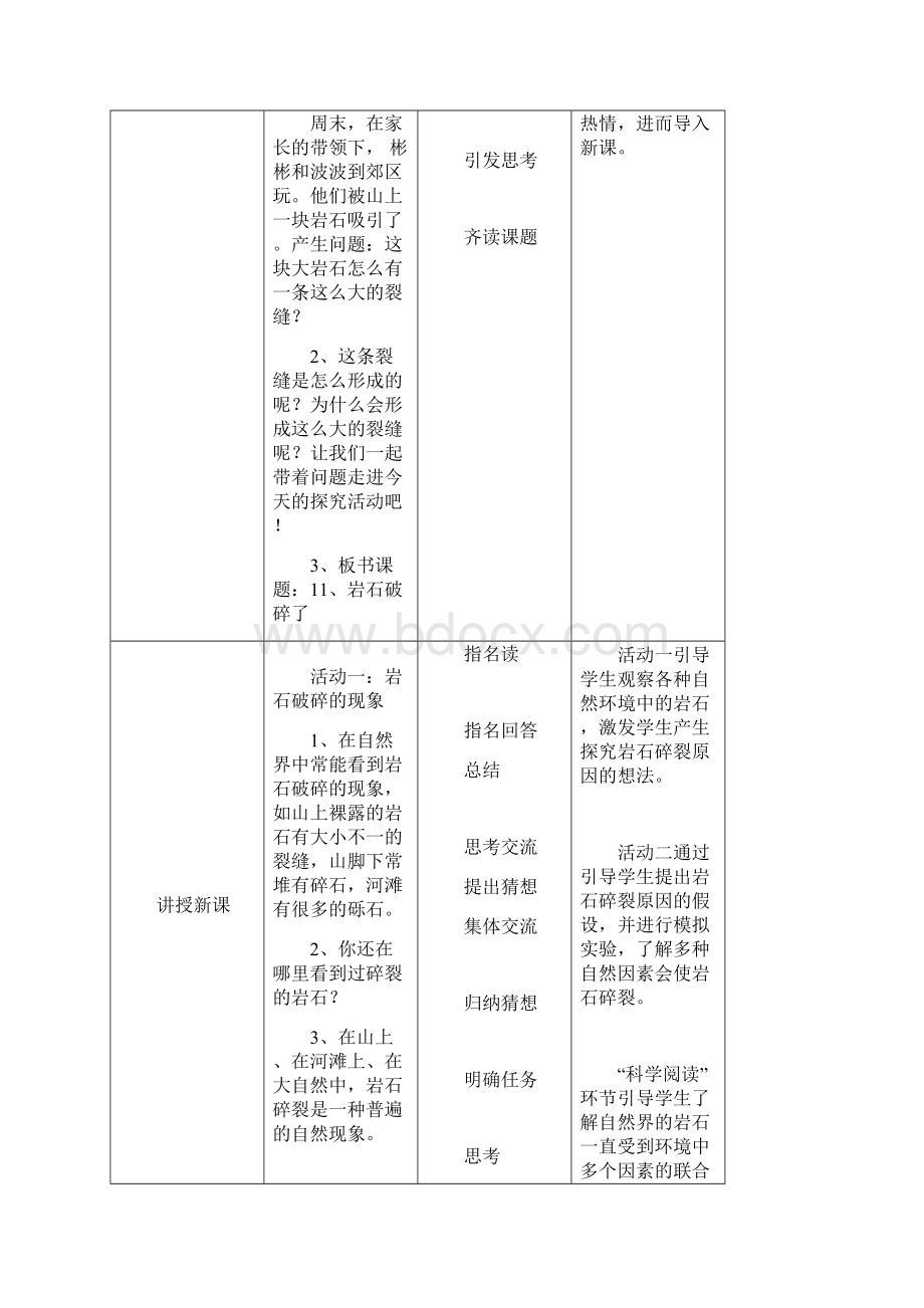 粤教粤科版小学科学四上第二单元第11课《岩石碎裂了》教案Word格式.docx_第2页