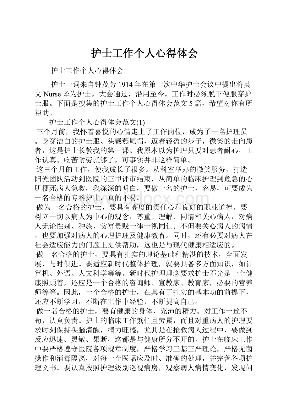 护士工作个人心得体会文档格式.docx