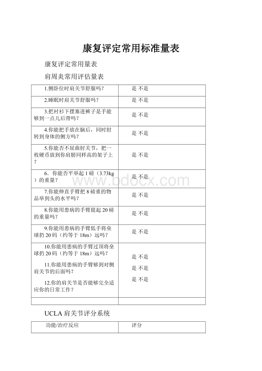 康复评定常用标准量表.docx