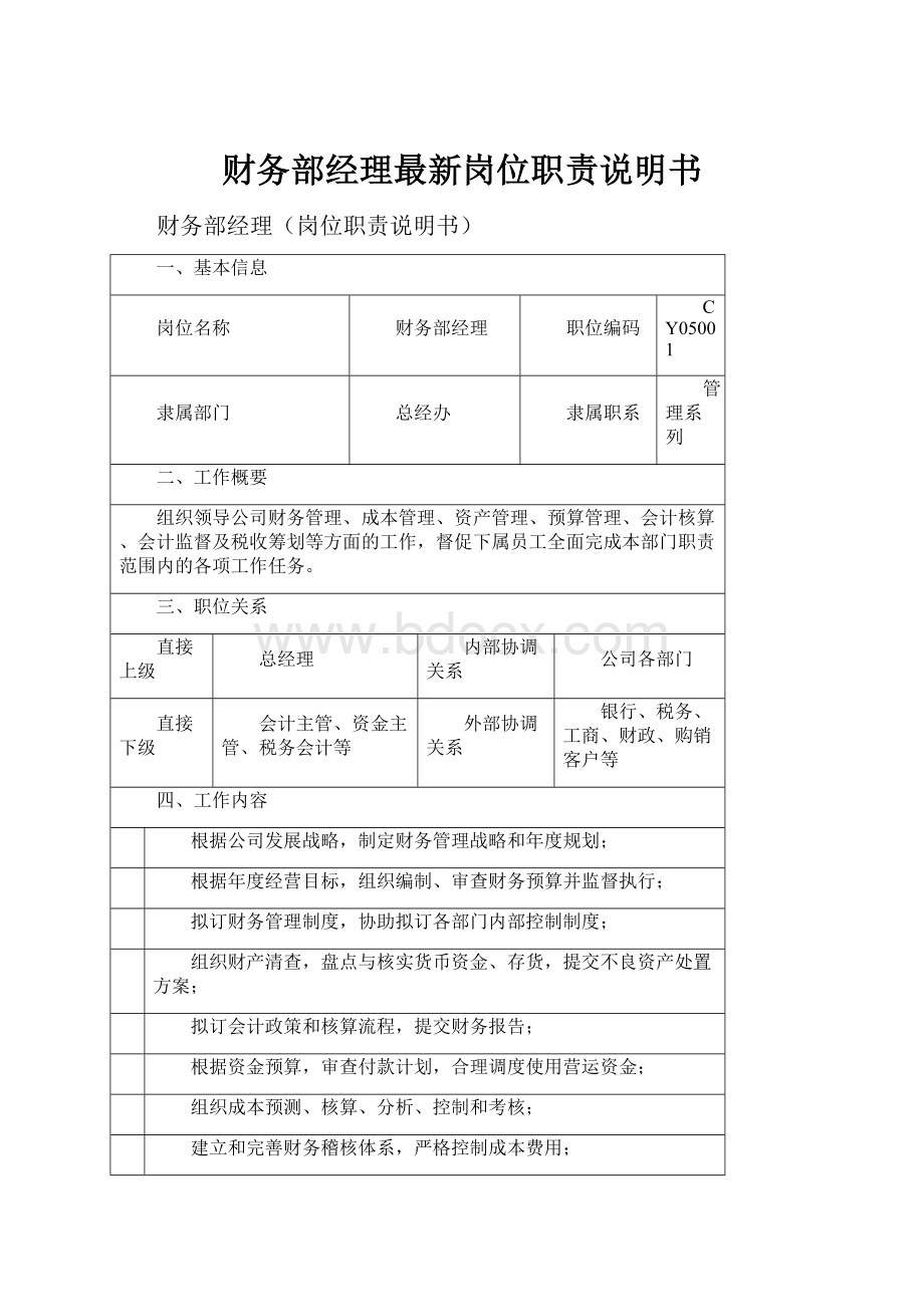 财务部经理最新岗位职责说明书.docx_第1页