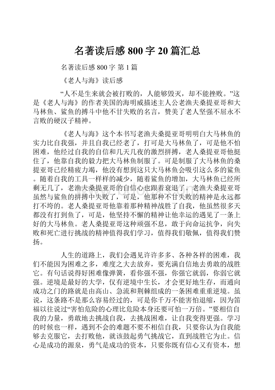 名著读后感800字20篇汇总Word下载.docx