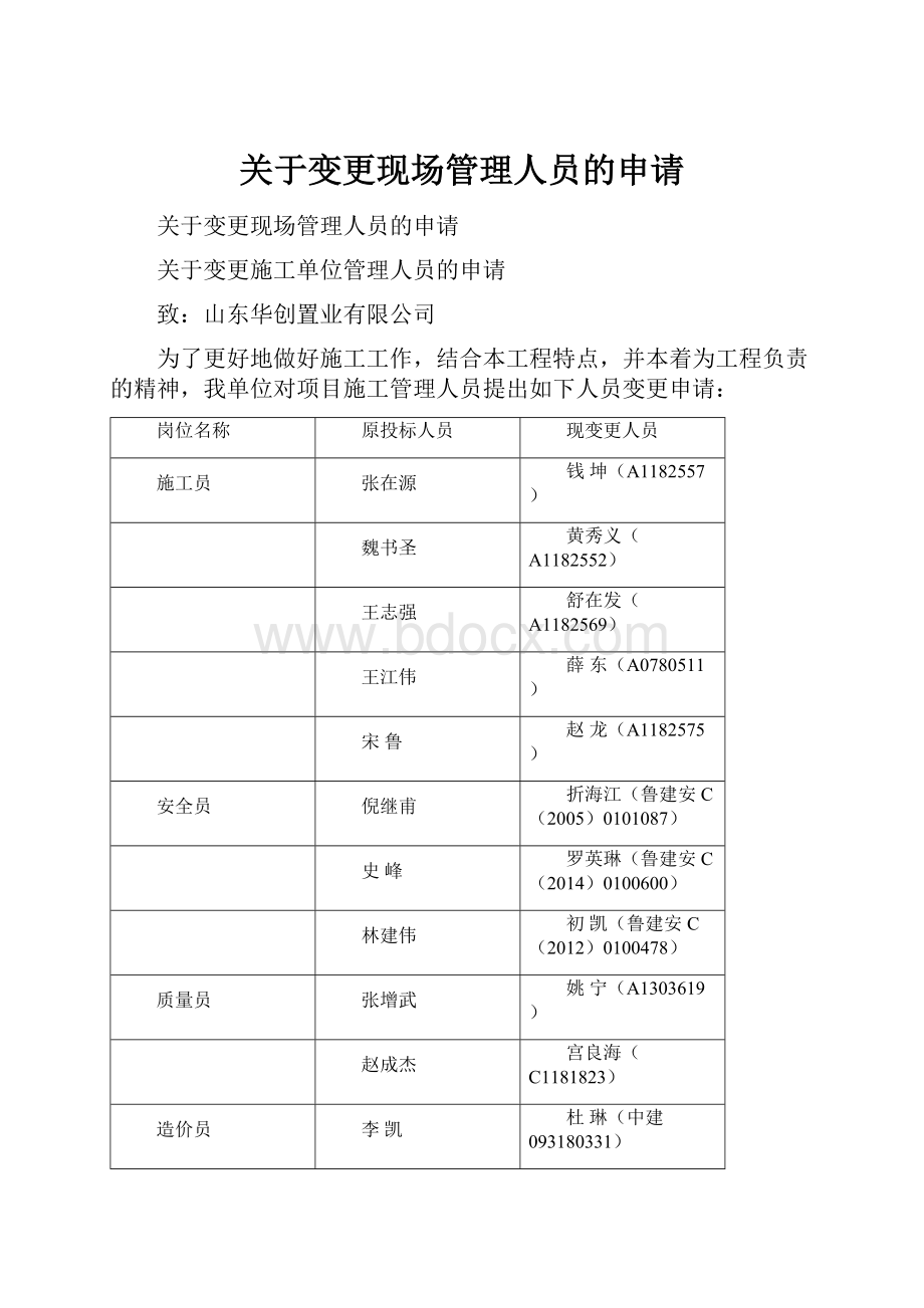 关于变更现场管理人员的申请Word格式文档下载.docx