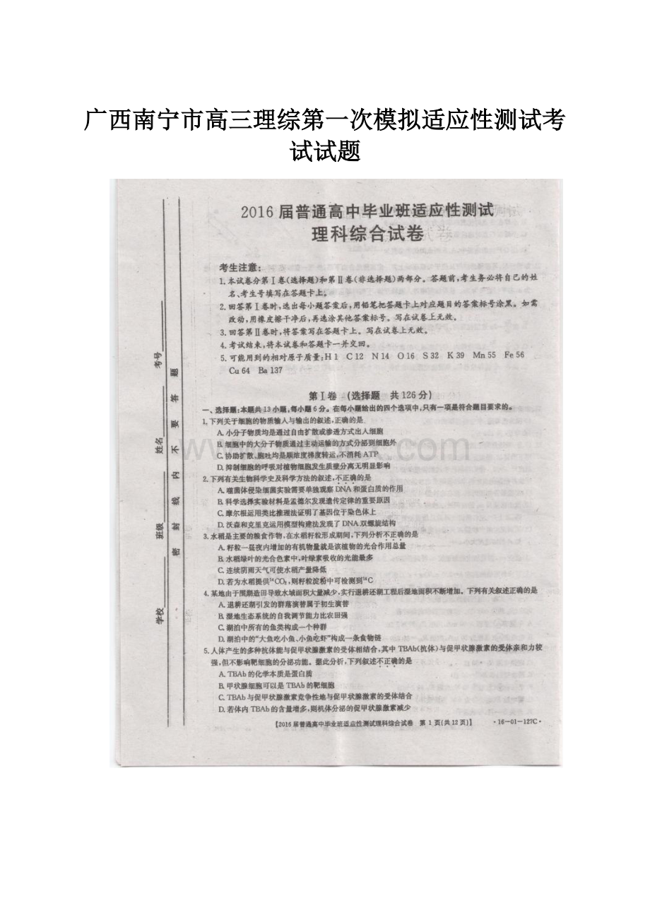 广西南宁市高三理综第一次模拟适应性测试考试试题Word文档下载推荐.docx