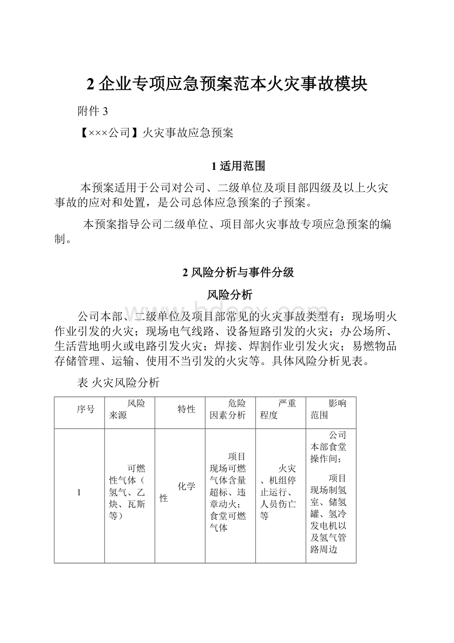 2企业专项应急预案范本火灾事故模块.docx