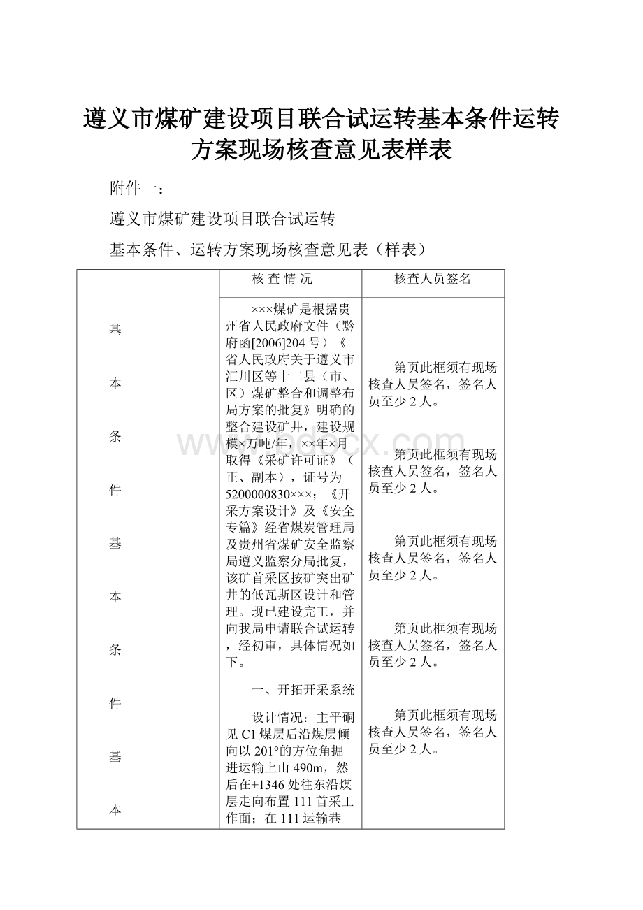 遵义市煤矿建设项目联合试运转基本条件运转方案现场核查意见表样表文档格式.docx_第1页