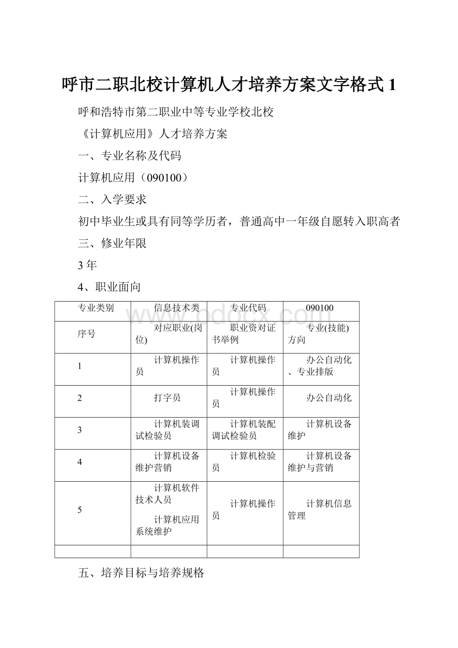 呼市二职北校计算机人才培养方案文字格式1文档格式.docx