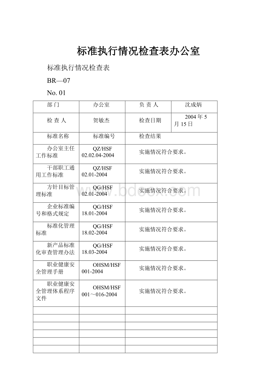 标准执行情况检查表办公室.docx