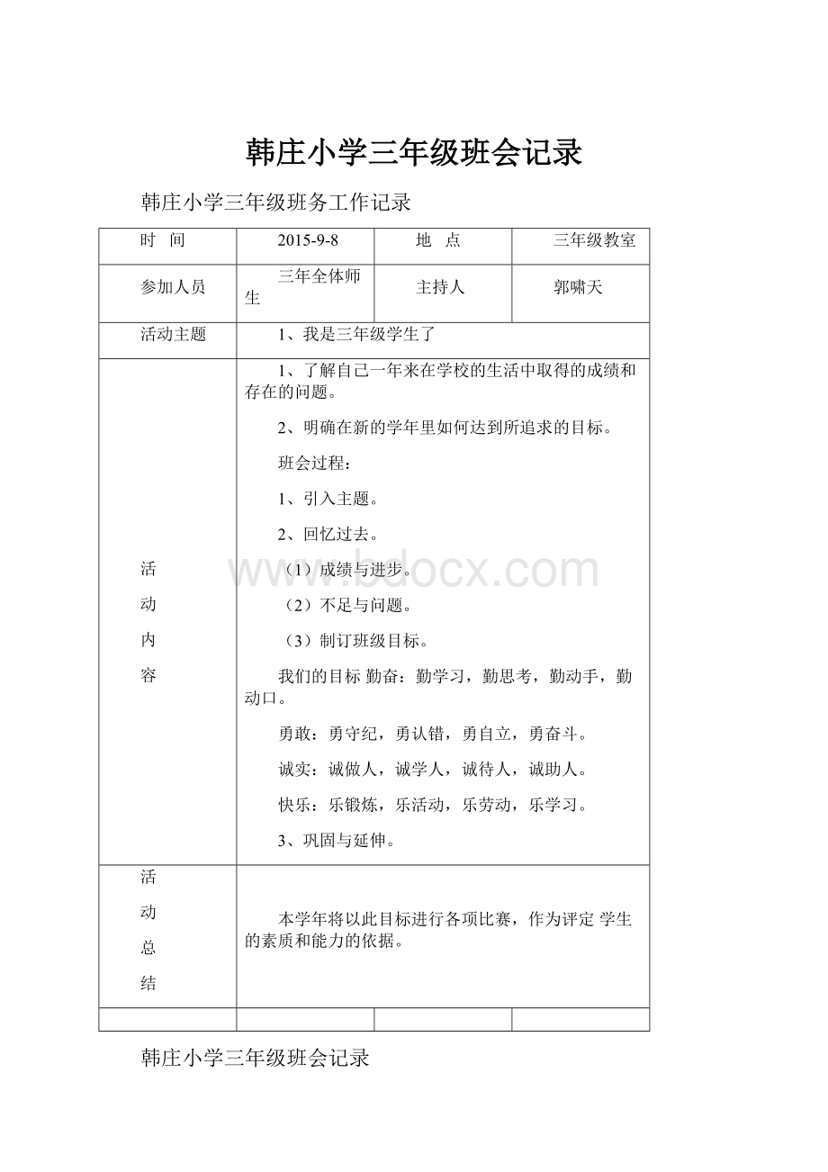 韩庄小学三年级班会记录.docx_第1页