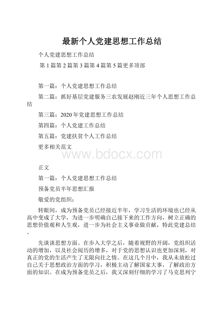 最新个人党建思想工作总结Word文档格式.docx