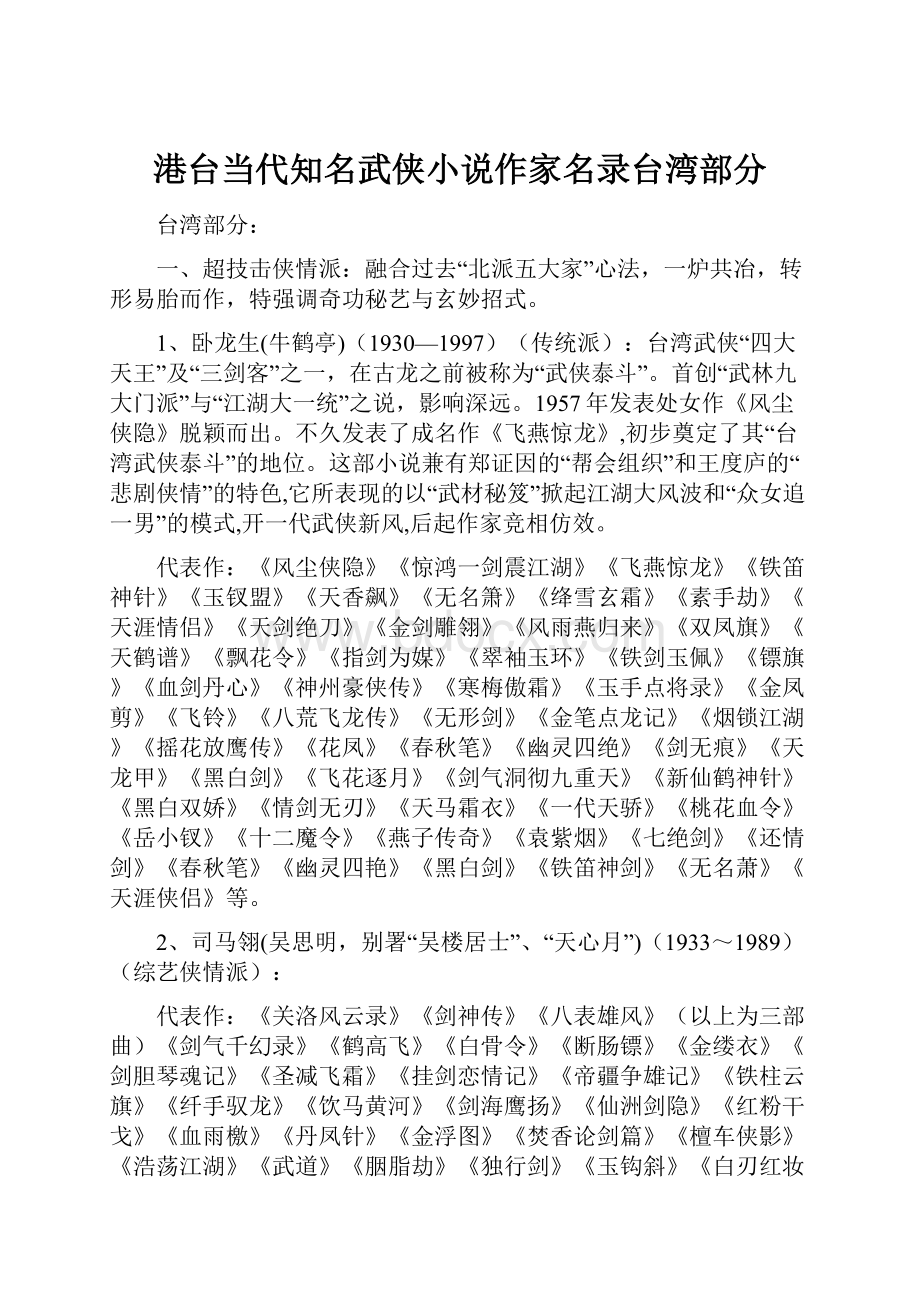 港台当代知名武侠小说作家名录台湾部分Word文件下载.docx