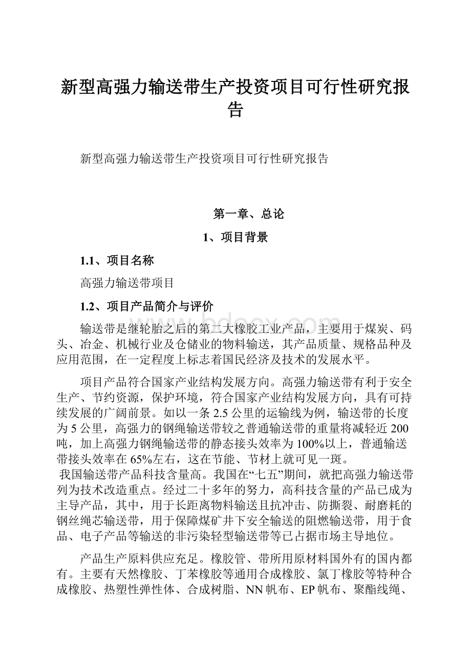 新型高强力输送带生产投资项目可行性研究报告Word格式文档下载.docx_第1页