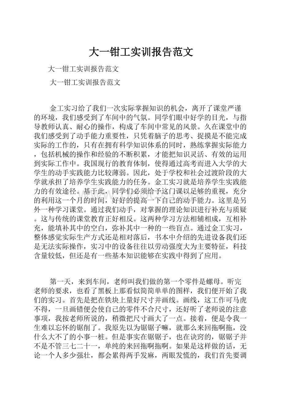 大一钳工实训报告范文.docx_第1页