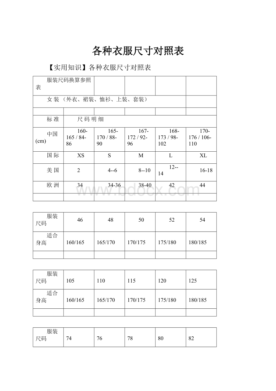 各种衣服尺寸对照表Word下载.docx