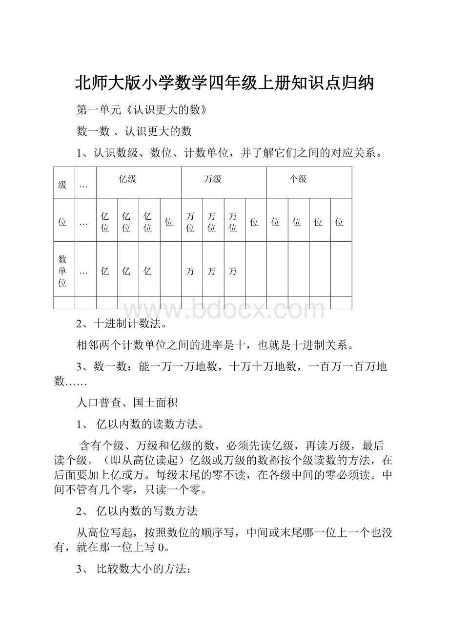 北师大版小学数学四年级上册知识点归纳.docx