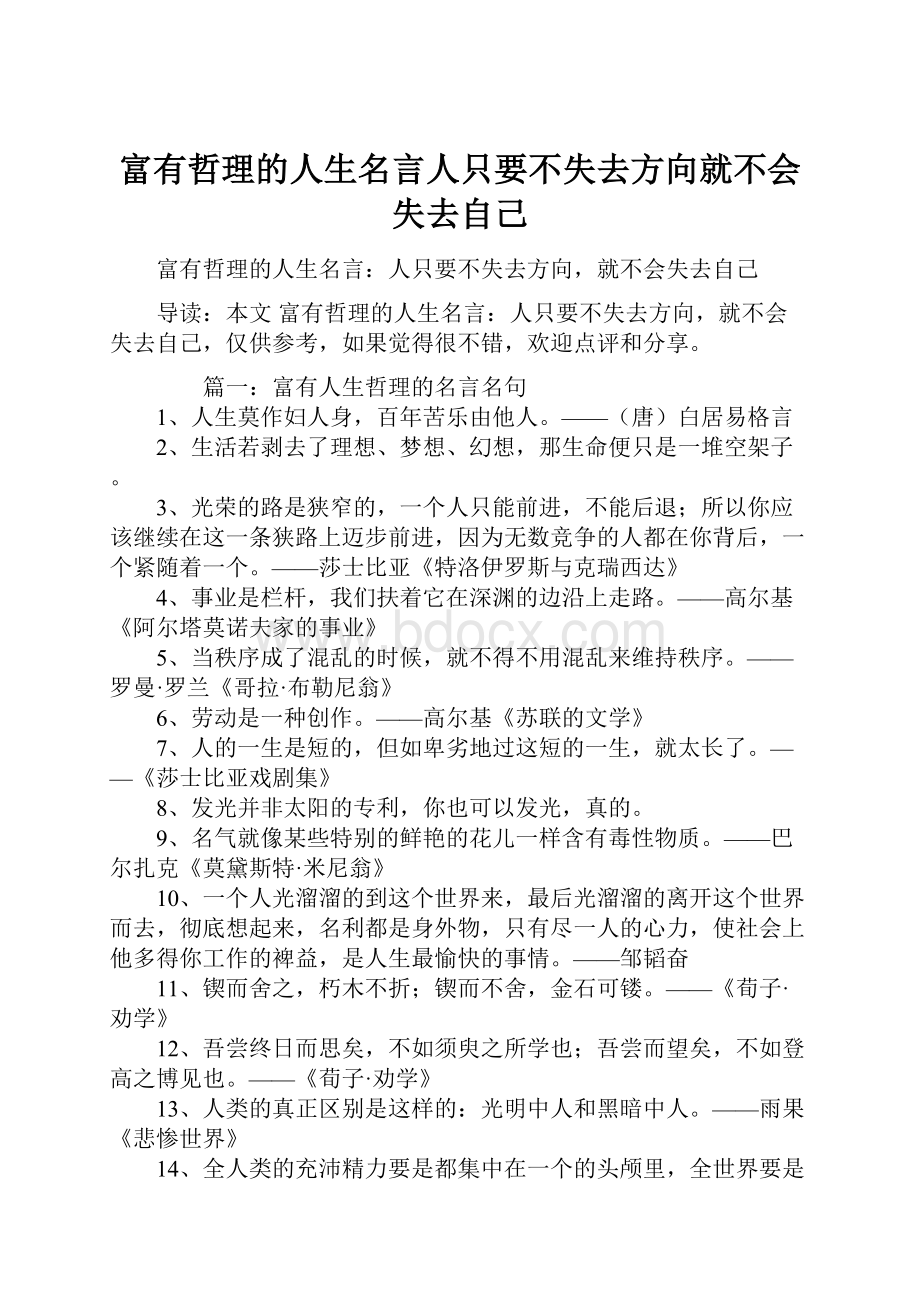 富有哲理的人生名言人只要不失去方向就不会失去自己Word文件下载.docx