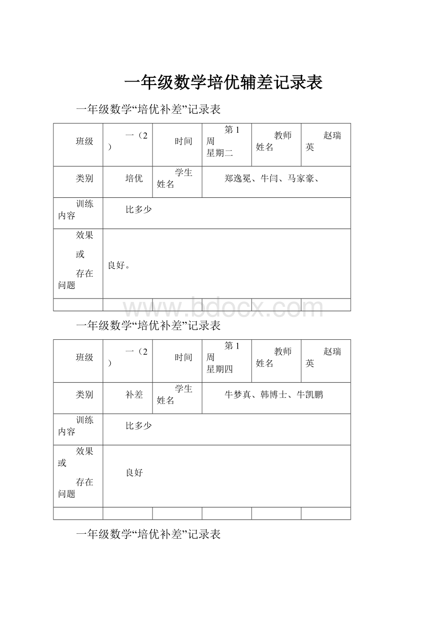 一年级数学培优辅差记录表.docx