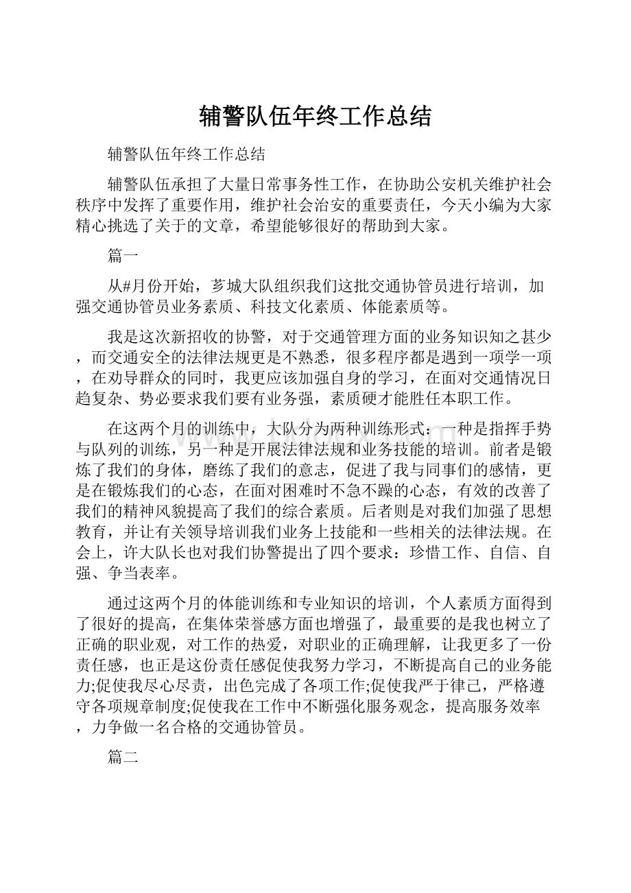 辅警队伍年终工作总结文档格式.docx