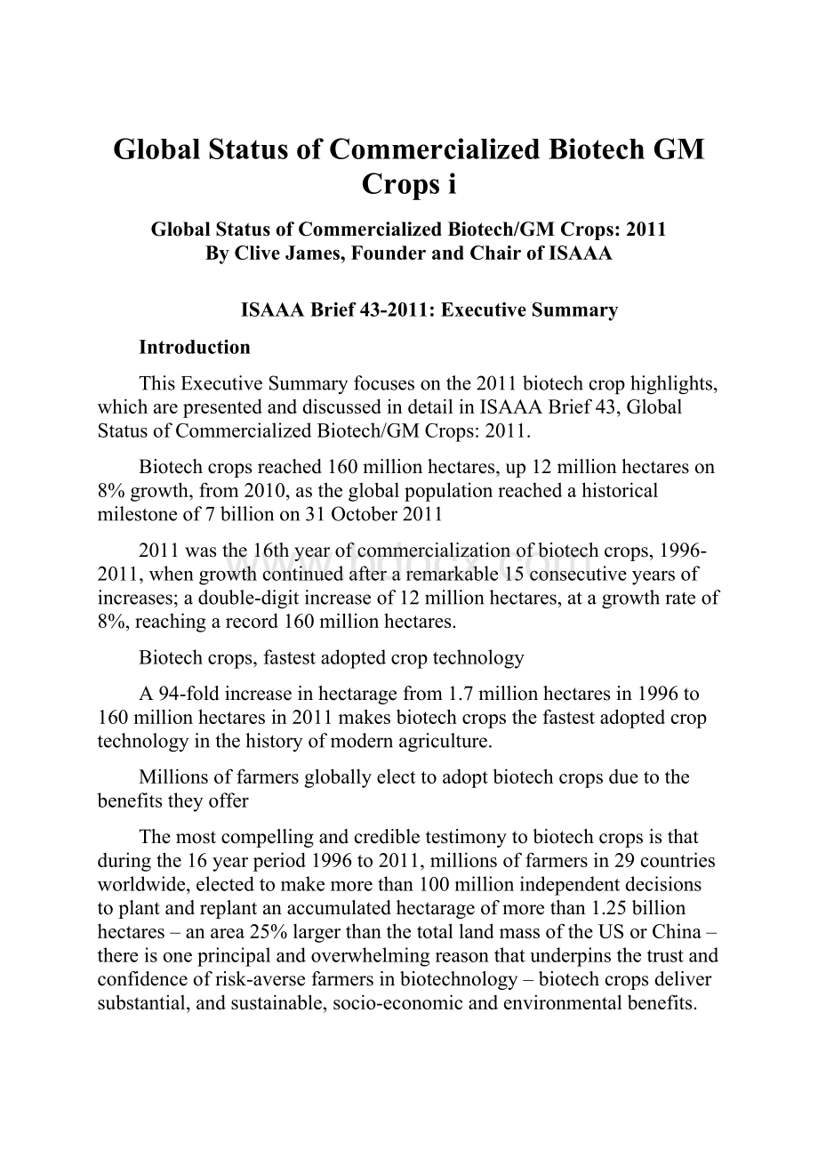 Global Status of Commercialized Biotech GM Crops iWord文档下载推荐.docx