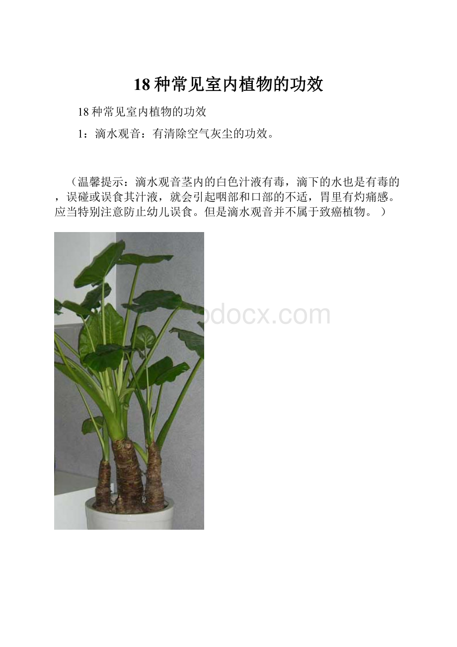 18种常见室内植物的功效Word文档格式.docx_第1页