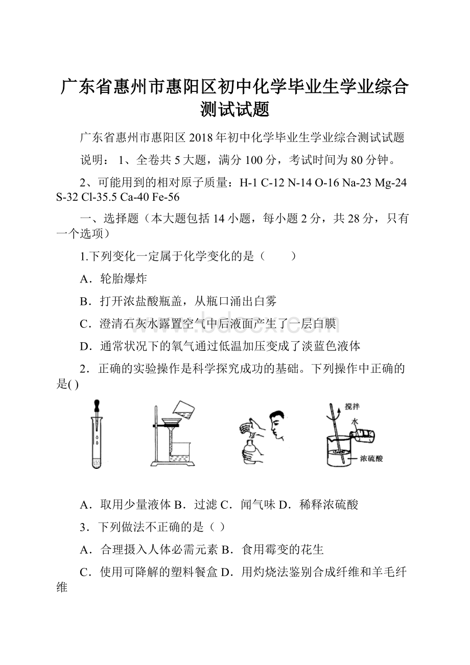 广东省惠州市惠阳区初中化学毕业生学业综合测试试题Word格式文档下载.docx_第1页