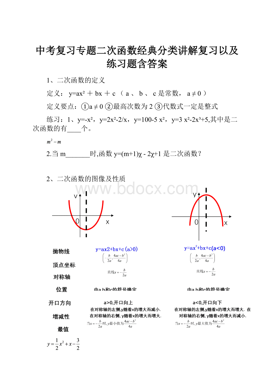 中考复习专题二次函数经典分类讲解复习以及练习题含答案.docx