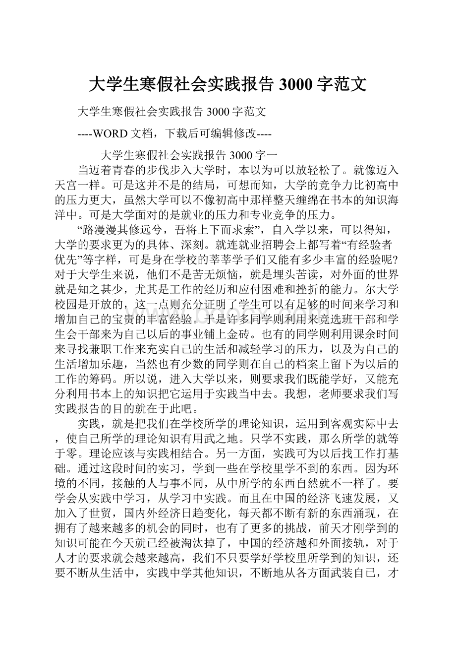 大学生寒假社会实践报告3000字范文Word下载.docx