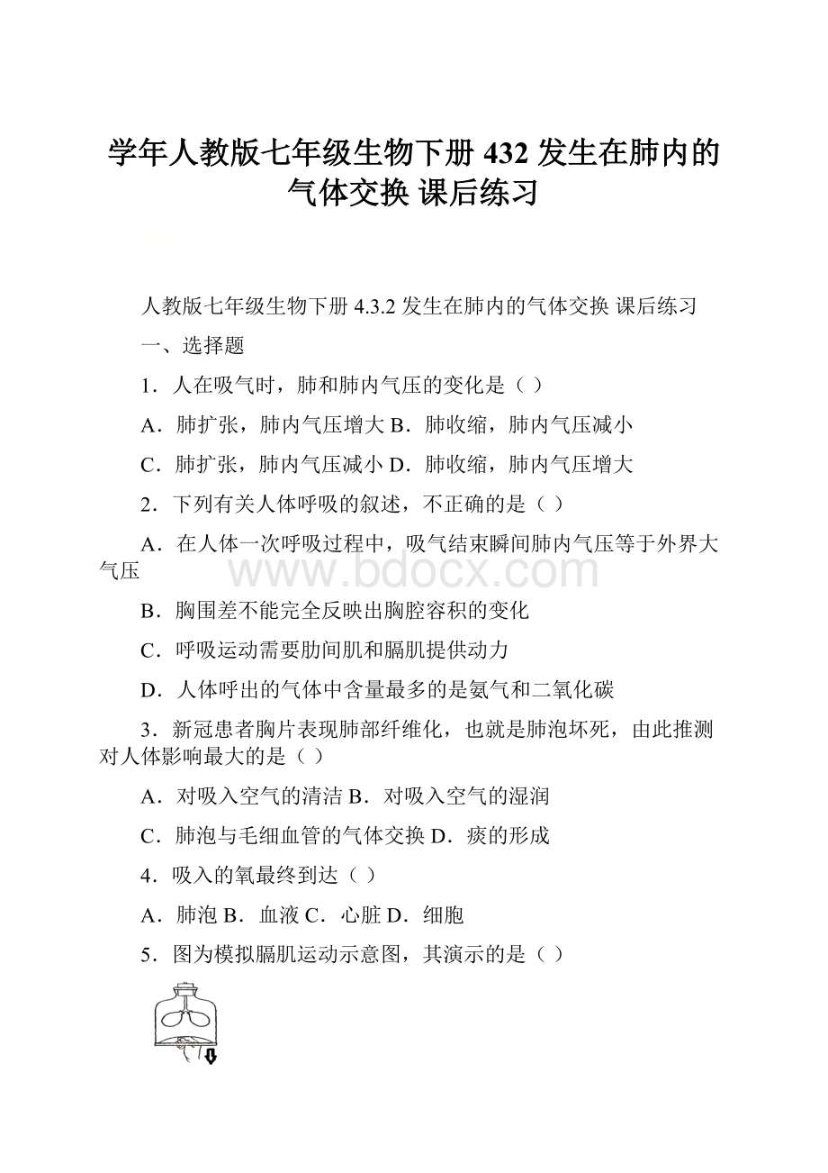 学年人教版七年级生物下册 432 发生在肺内的气体交换 课后练习Word格式.docx_第1页