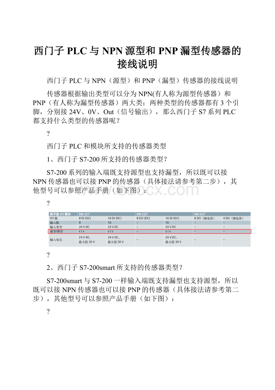 西门子PLC与NPN源型和PNP漏型传感器的接线说明.docx_第1页