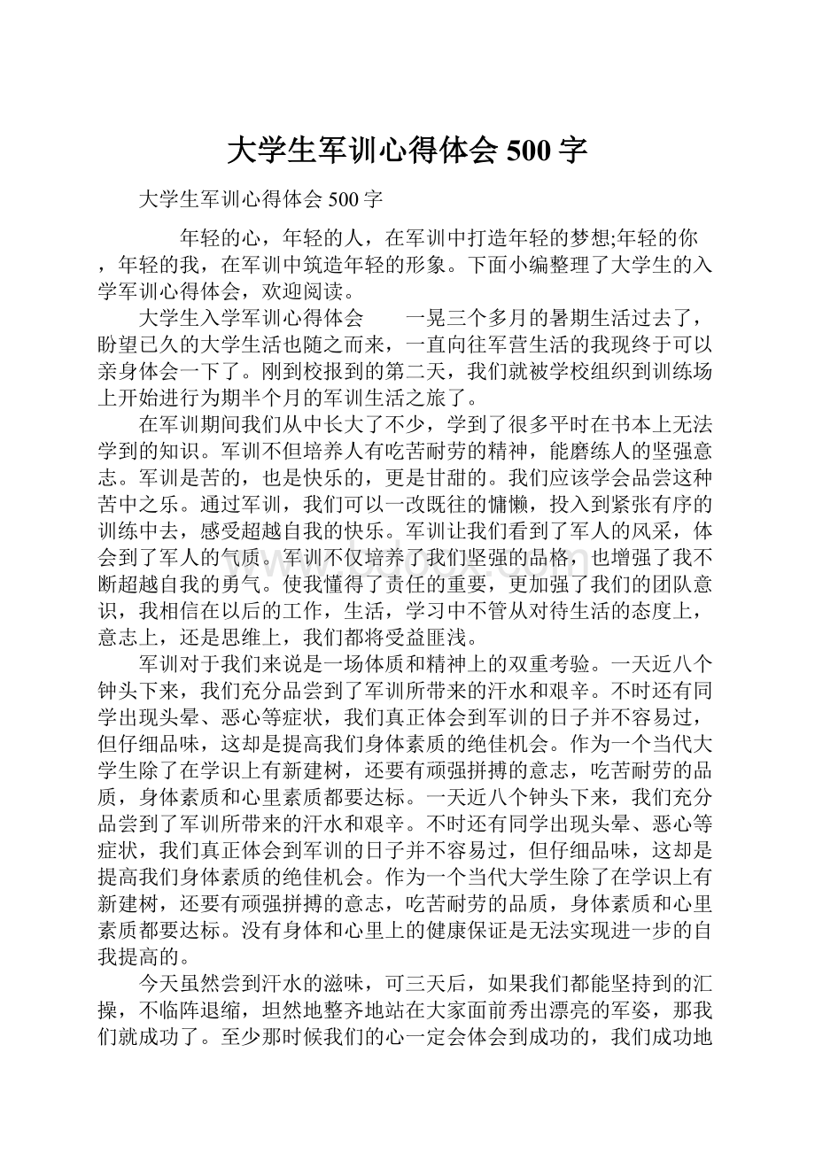 大学生军训心得体会500字.docx