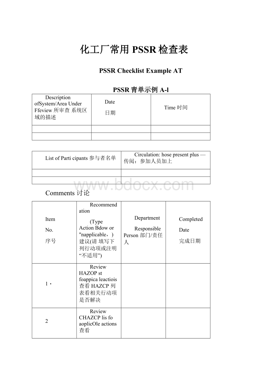 化工厂常用PSSR检查表.docx