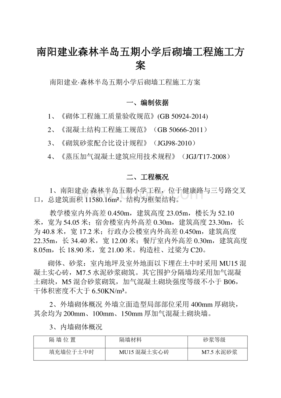 南阳建业森林半岛五期小学后砌墙工程施工方案Word下载.docx