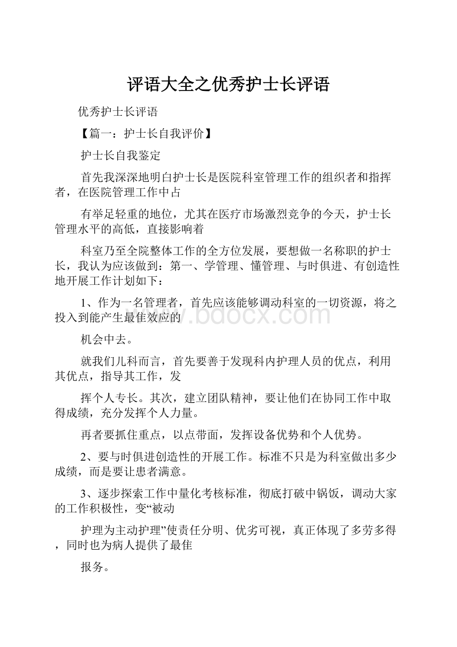 评语大全之优秀护士长评语.docx_第1页