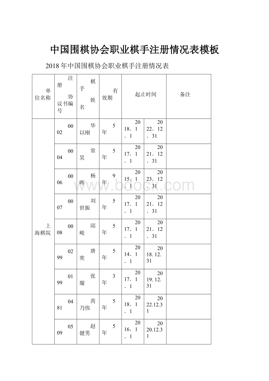 中国围棋协会职业棋手注册情况表模板Word格式.docx