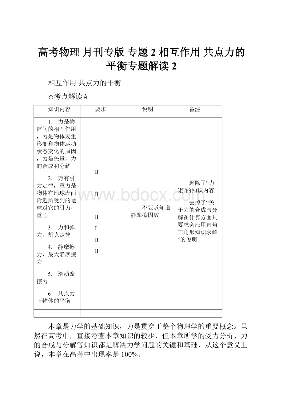 高考物理 月刊专版 专题2 相互作用 共点力的平衡专题解读2Word格式文档下载.docx_第1页