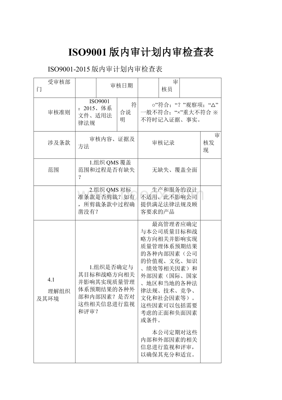 ISO9001版内审计划内审检查表.docx