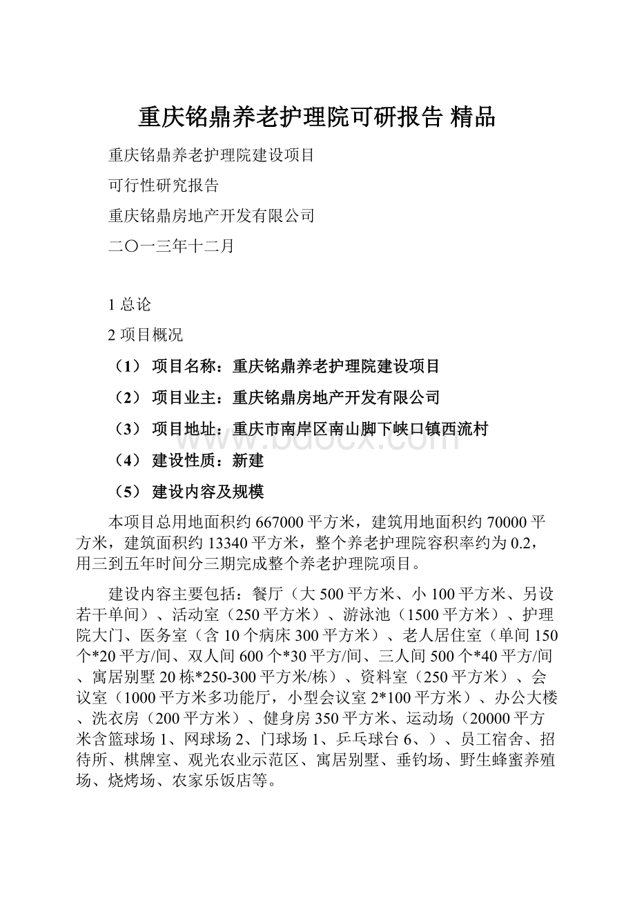 重庆铭鼎养老护理院可研报告 精品Word下载.docx