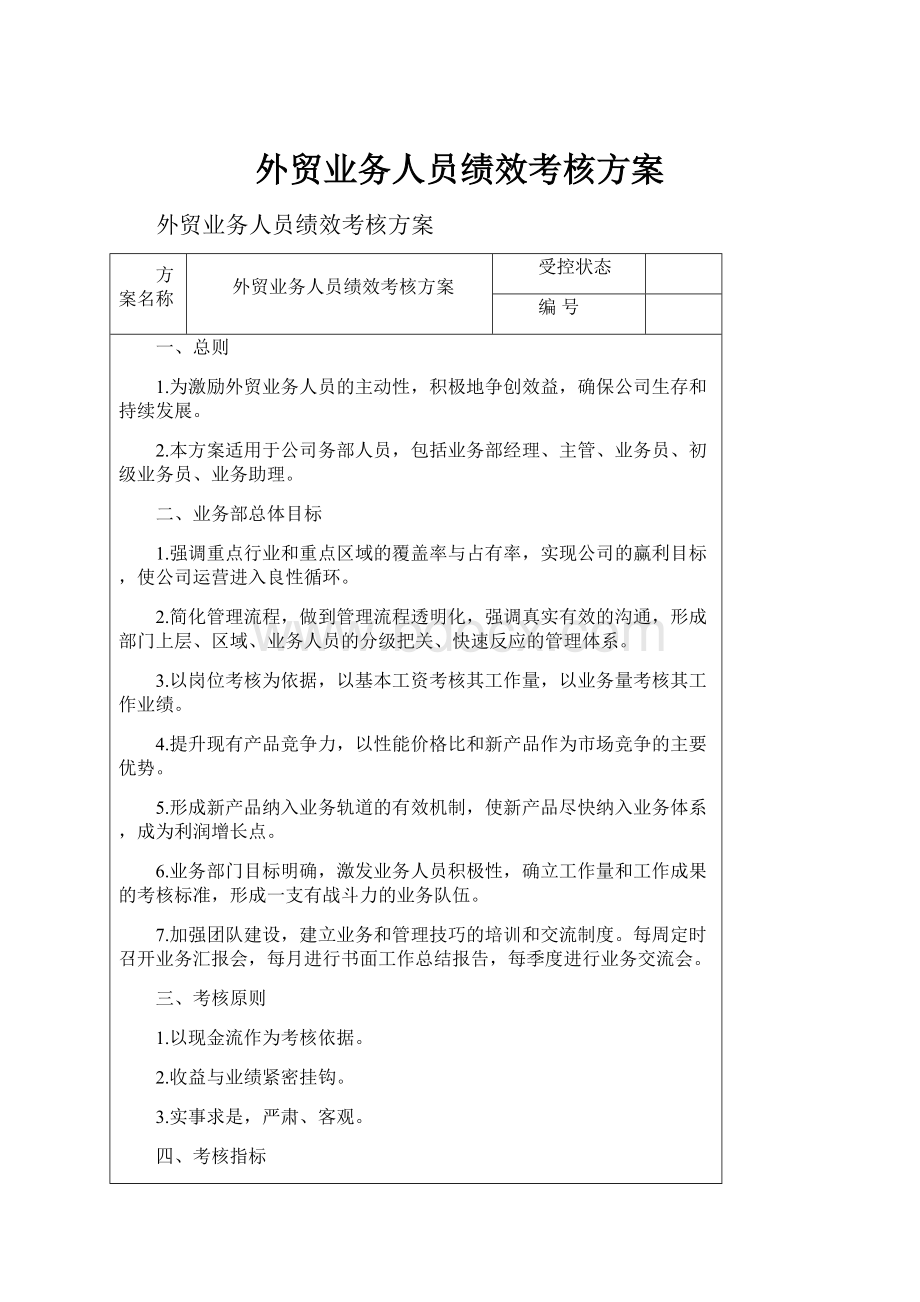 外贸业务人员绩效考核方案Word下载.docx_第1页