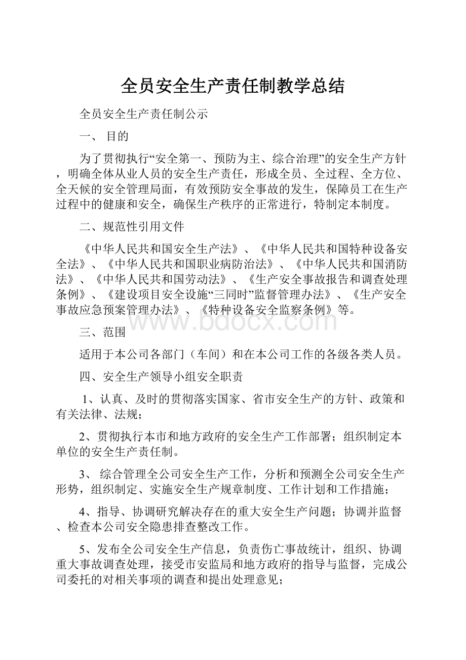 全员安全生产责任制教学总结.docx