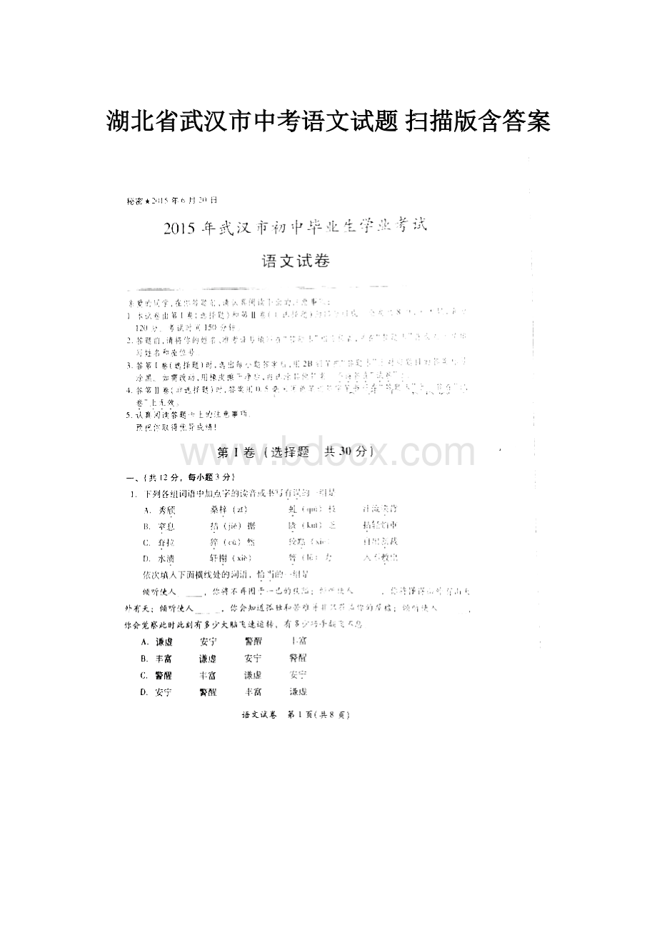 湖北省武汉市中考语文试题 扫描版含答案.docx