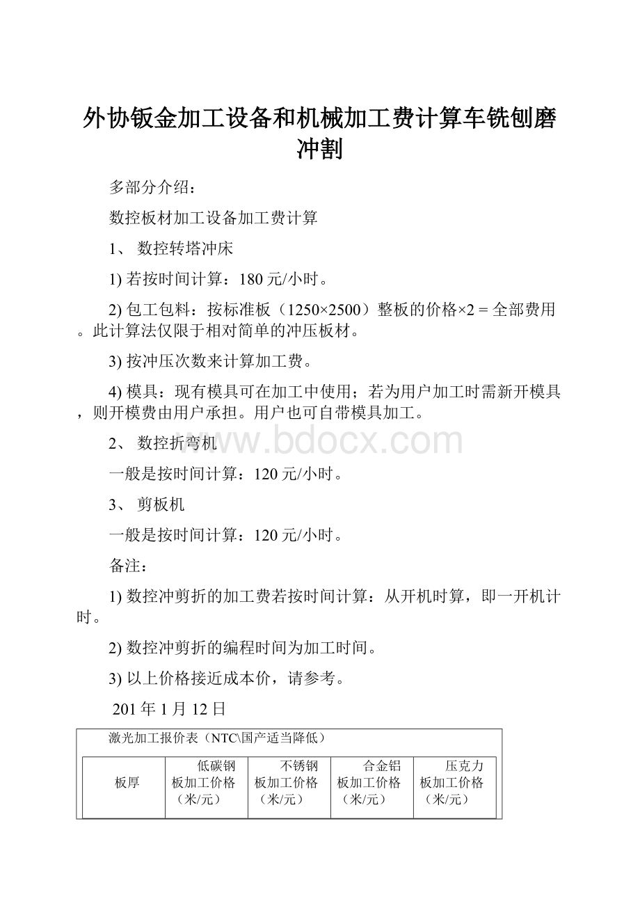 外协钣金加工设备和机械加工费计算车铣刨磨冲割.docx