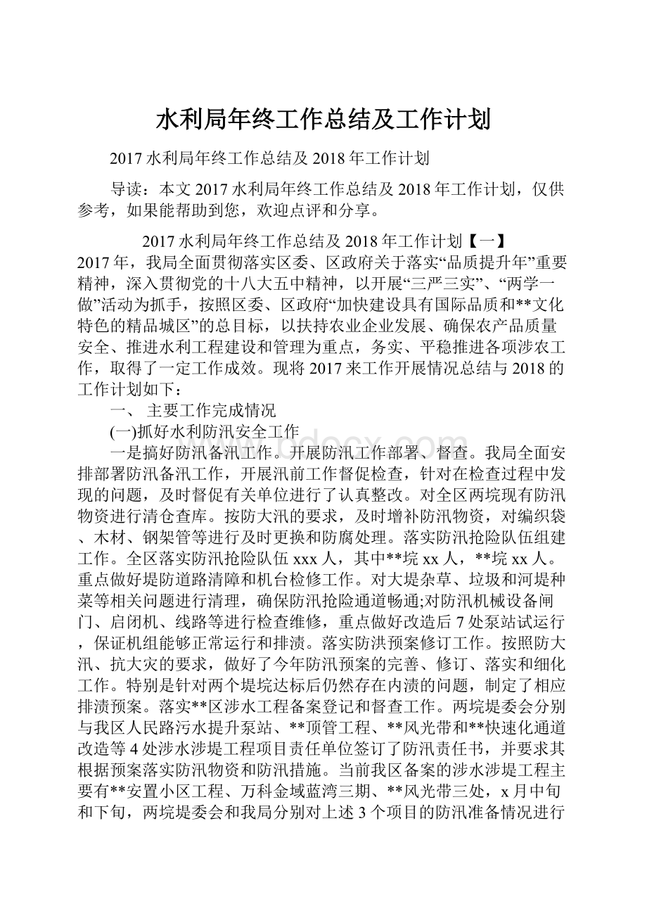 水利局年终工作总结及工作计划Word格式文档下载.docx