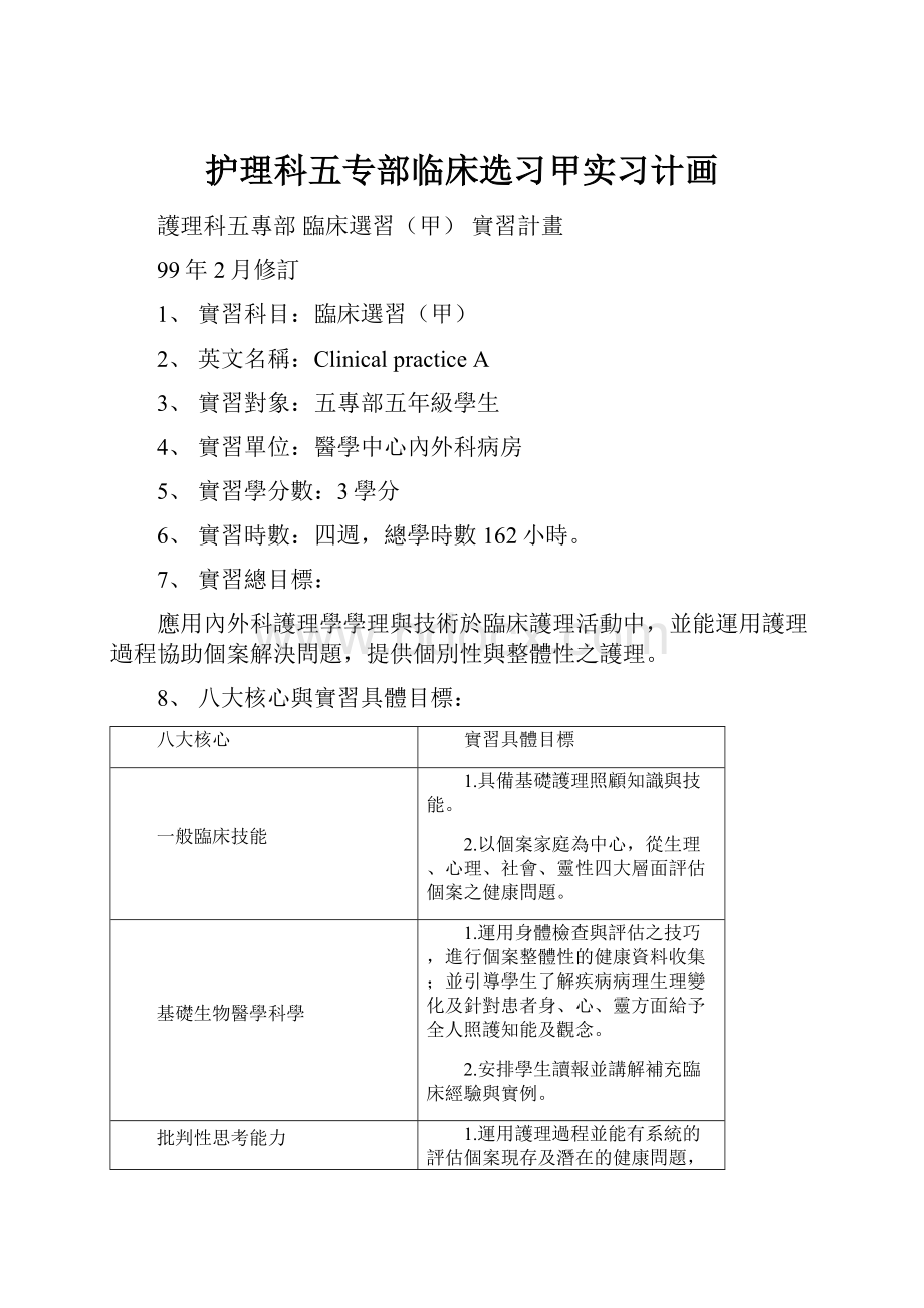 护理科五专部临床选习甲实习计画.docx