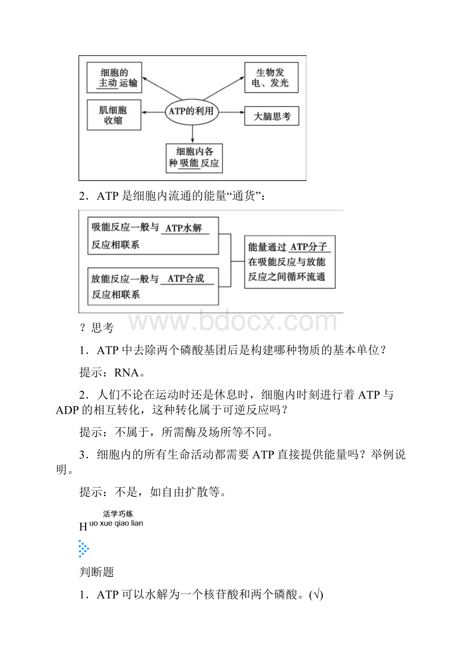 人教版生物必修一第五章 细胞的能量供应和利用 第2节 细胞的能量通货ATP Word版含答案Word文档下载推荐.docx_第3页