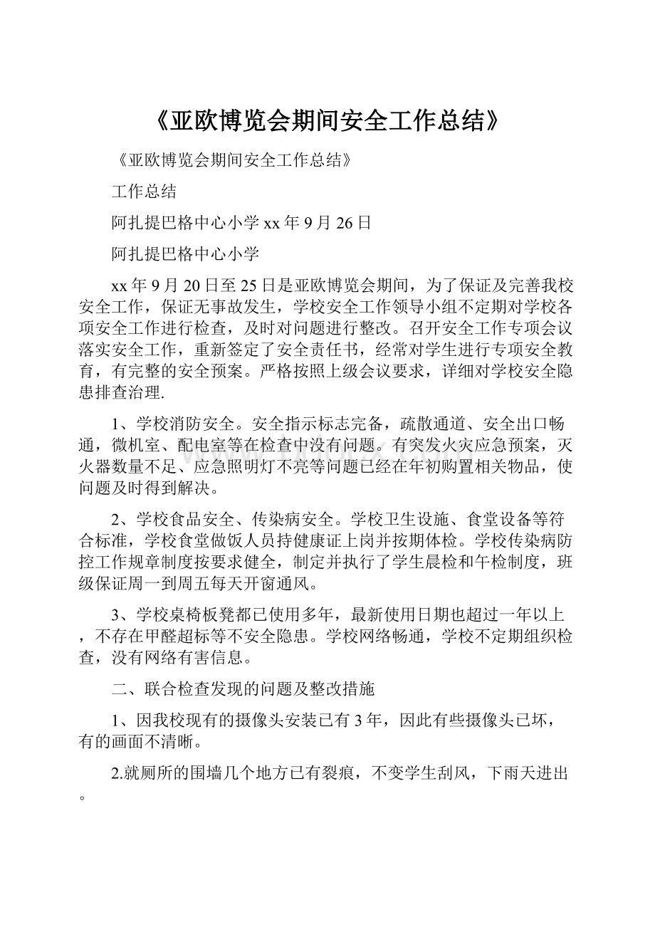 《亚欧博览会期间安全工作总结》.docx_第1页