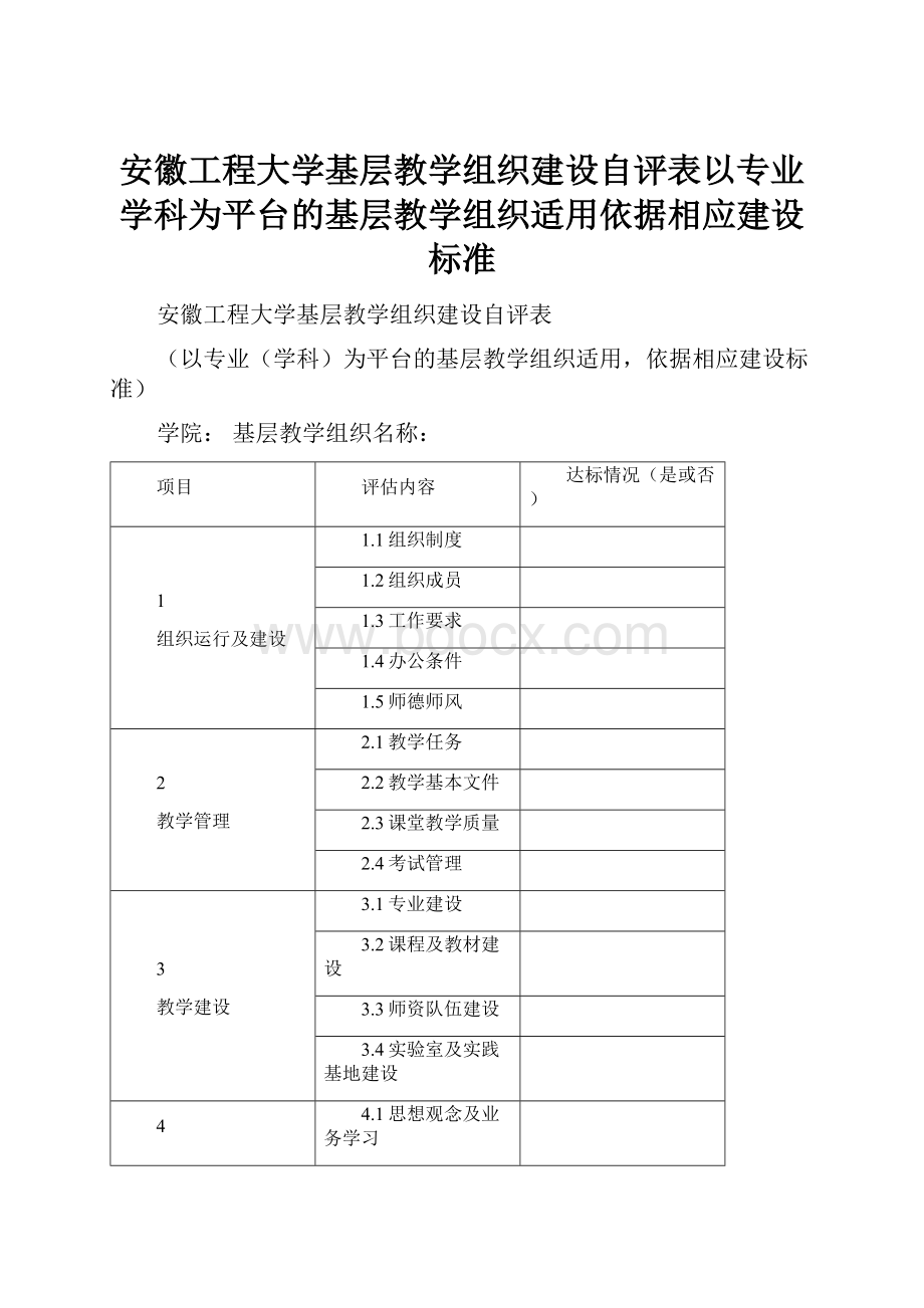 安徽工程大学基层教学组织建设自评表以专业学科为平台的基层教学组织适用依据相应建设标准.docx