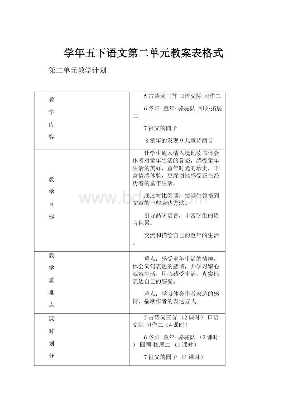 学年五下语文第二单元教案表格式.docx