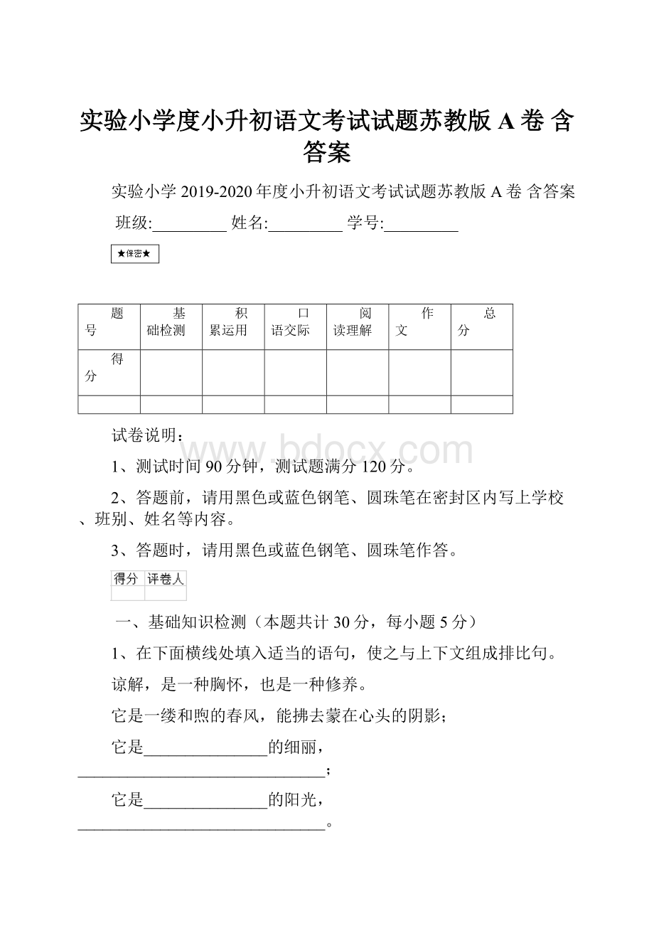 实验小学度小升初语文考试试题苏教版A卷 含答案.docx