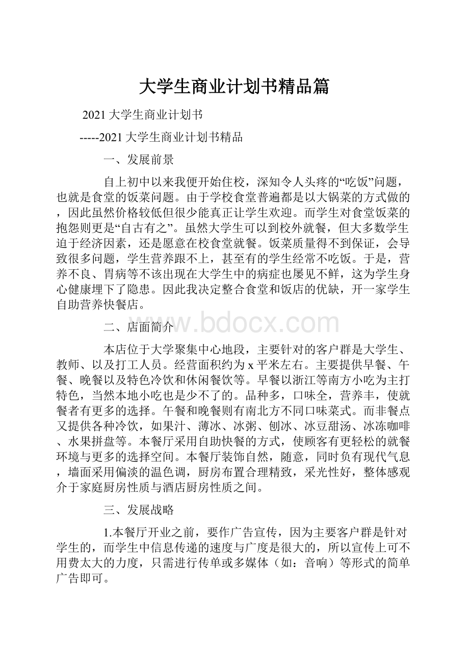 大学生商业计划书精品篇Word文档格式.docx