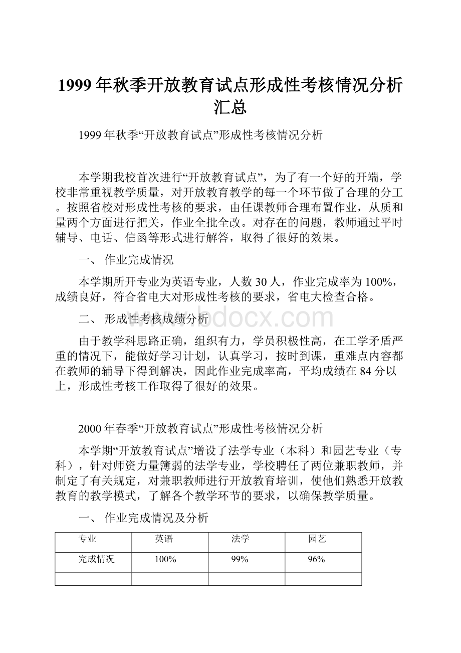 1999年秋季开放教育试点形成性考核情况分析汇总.docx_第1页