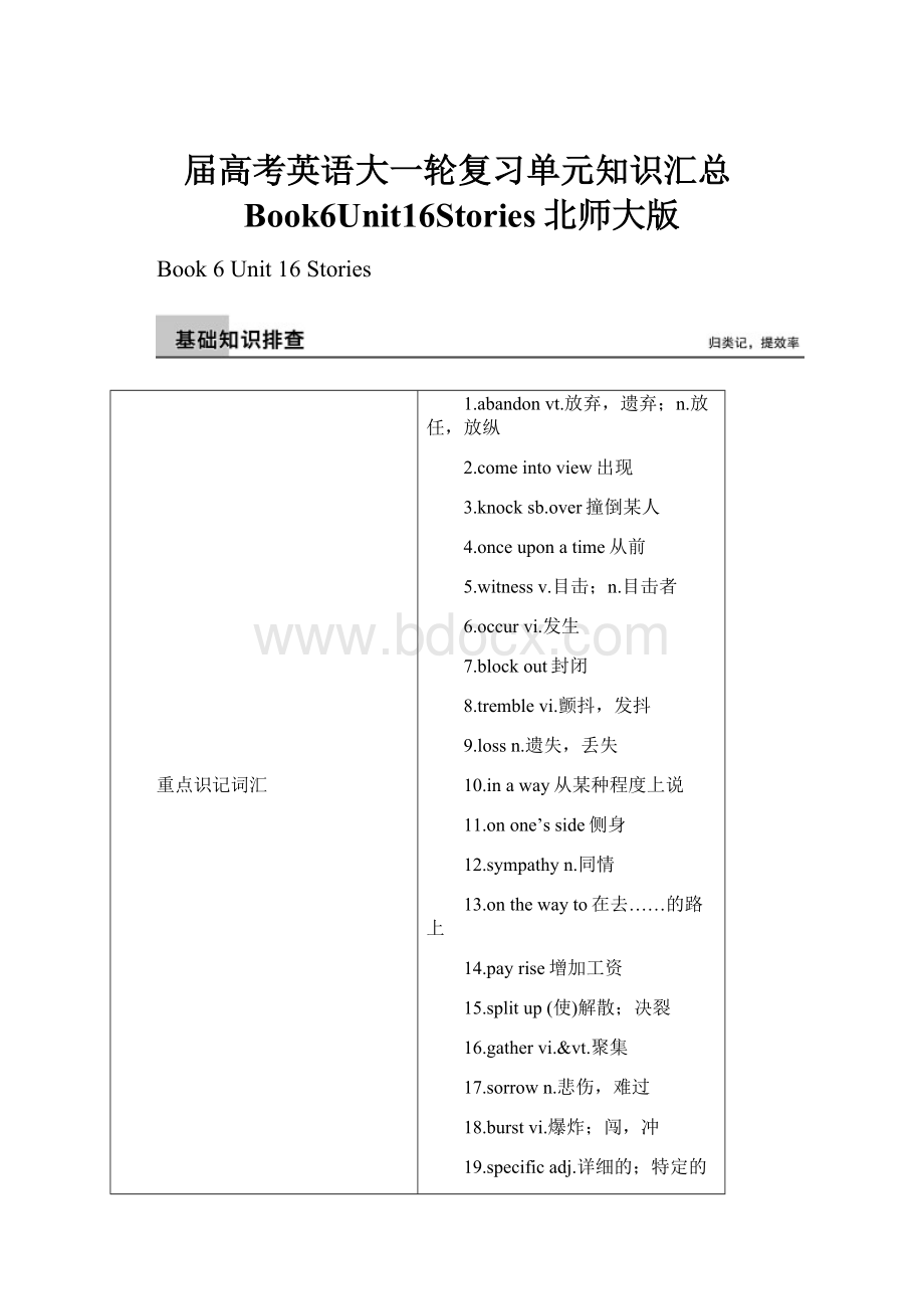 届高考英语大一轮复习单元知识汇总Book6Unit16Stories北师大版Word文档下载推荐.docx